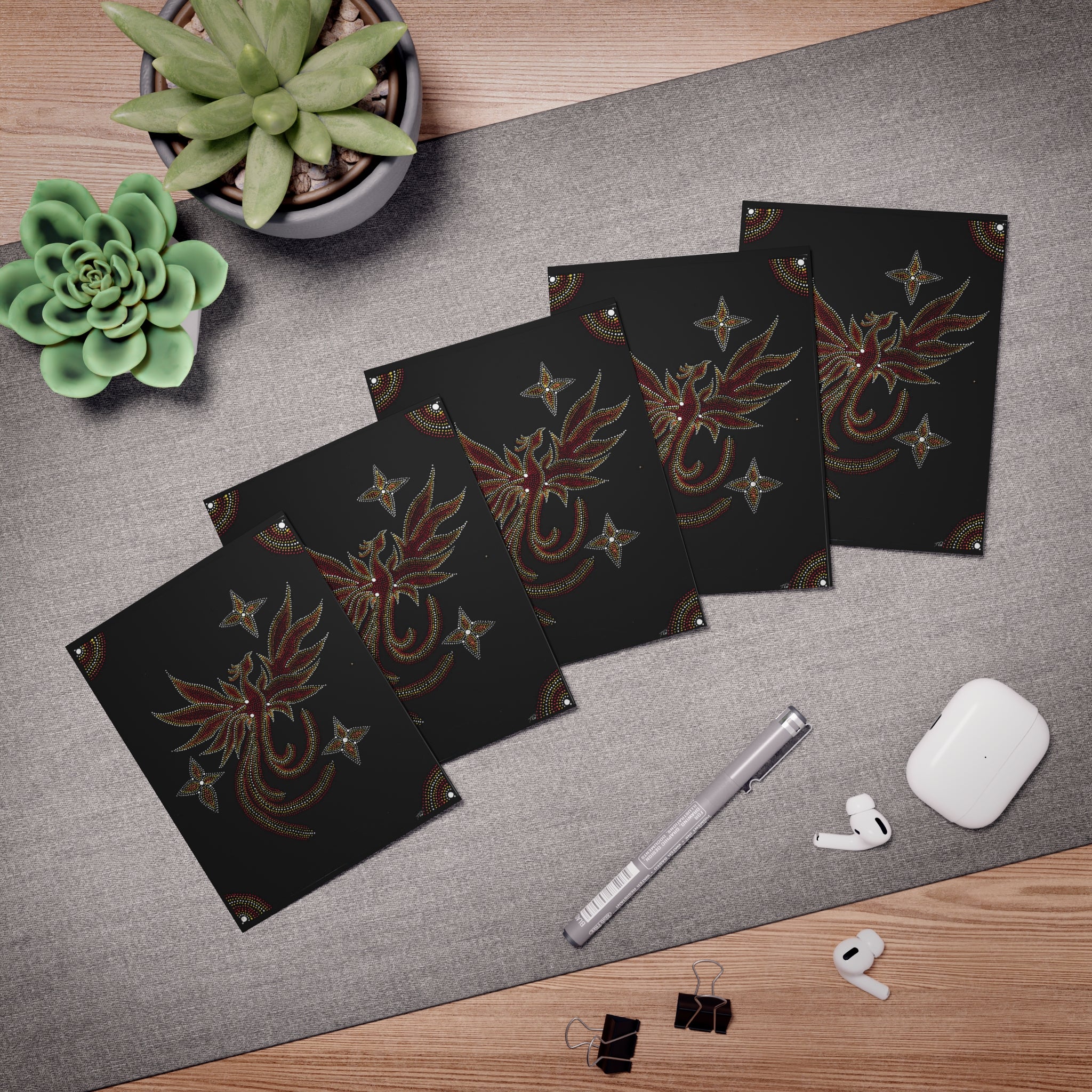 Hand Painted Acrylic Phoenix Star Print Greeting Cards – (5-Pack)
