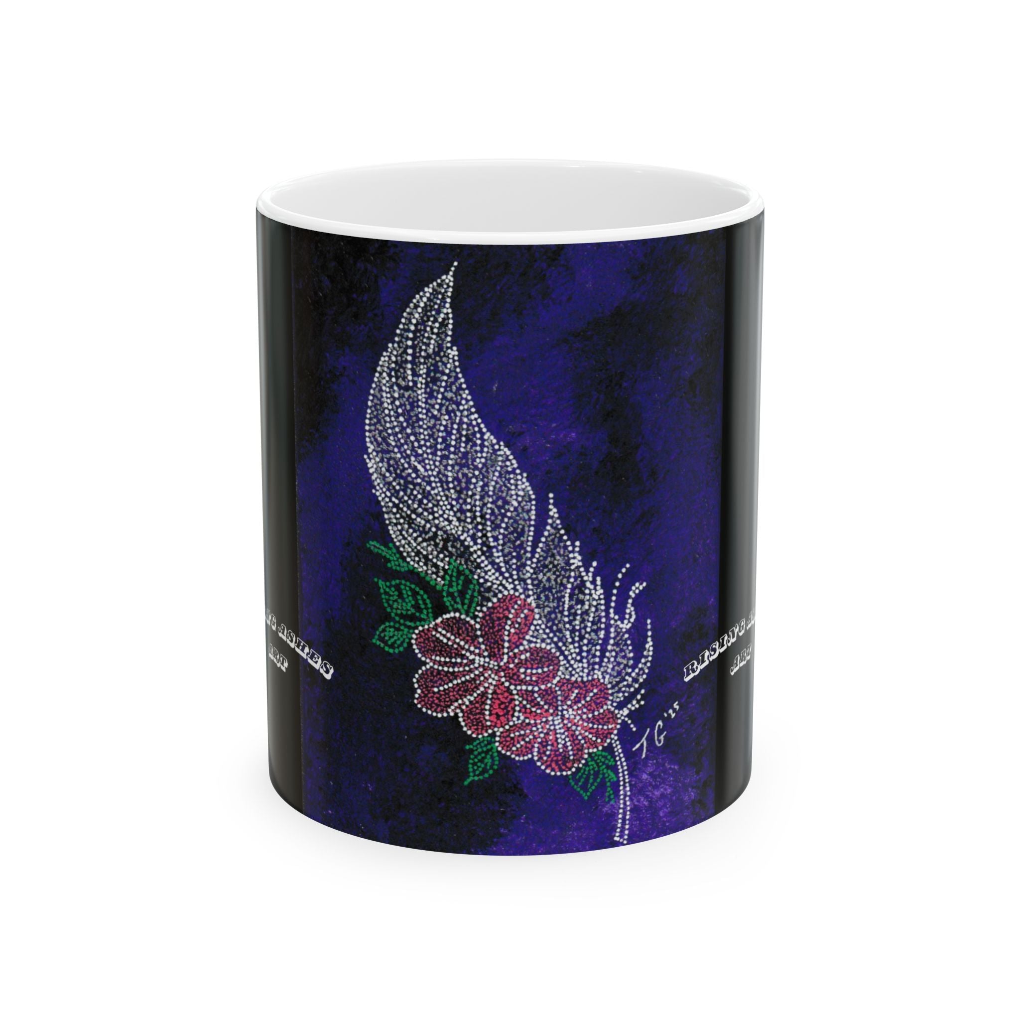 Hand Painted Acrylic Floral Feather Print Mug- White(11oz & 15oz)