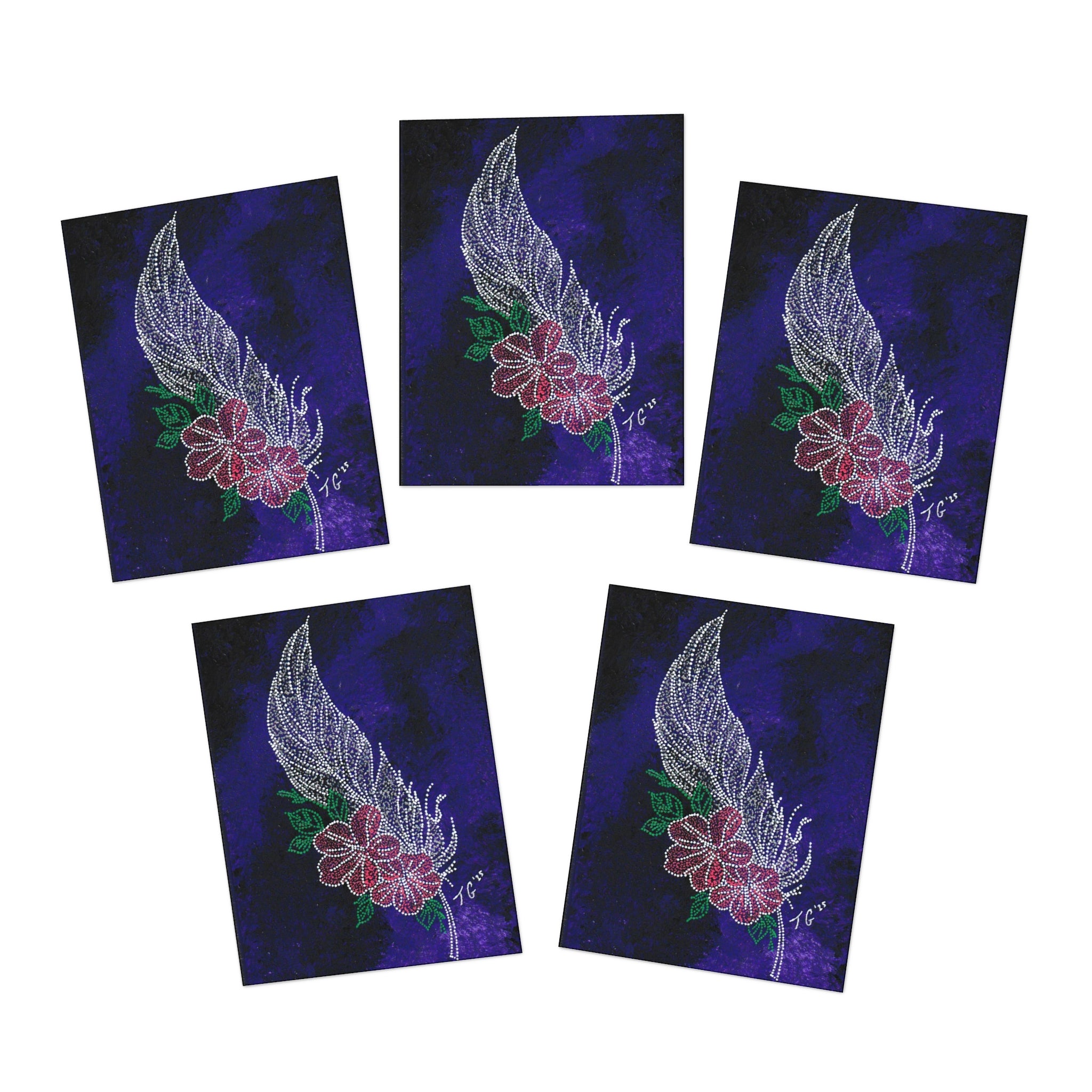 Hand Painted Acrylic Floral Feather Print Greeting Cards — (5 Pack)