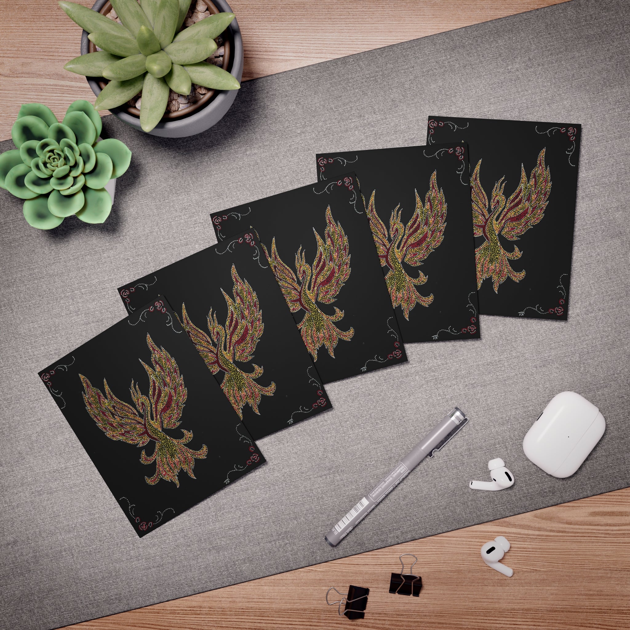 Hand Painted Acrylic Phoenix Print Greeting Cards — (5 Pack)